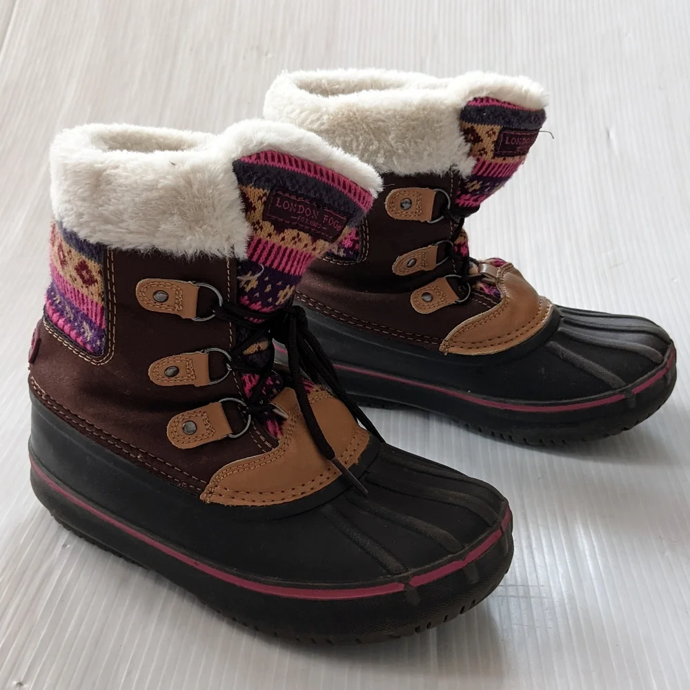 LONDON FOG Tottenham fair isle sweater knit brown suede fur lined lace-up boots
